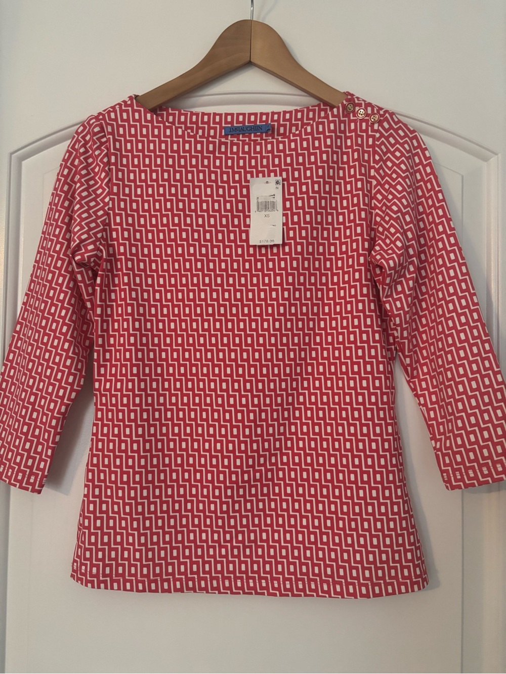 NWT J.McLaughlin Catalina Cloth Boatneck Top Geometric Pink XS Shoulder Buttons